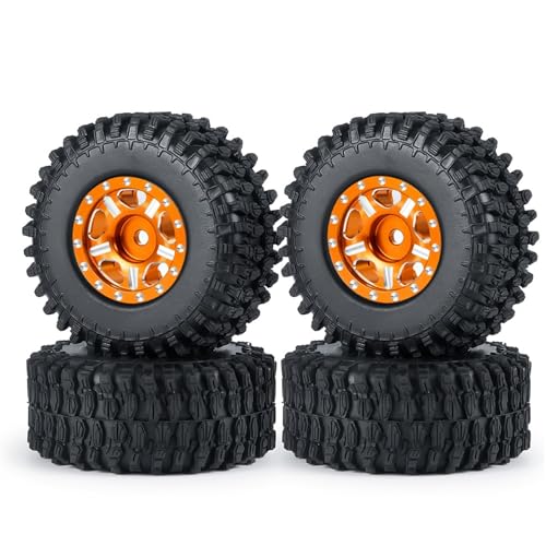 PEGGYLIN 4 Stück Micro 1,0 Zoll Metall Beadlock Felgen Naben Gummireifen Set passend for Axial SCX24 1/24 RC Crawler Auto LKW Modellteile(Orange 54mm Set) von PEGGYLIN