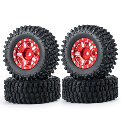 PEGGYLIN 4 Stück Micro 1,0 Zoll Metall Beadlock Felgen Naben Gummireifen Set passend for Axial SCX24 1/24 RC Crawler Auto LKW Modellteile(Red 50mm Set) von PEGGYLIN