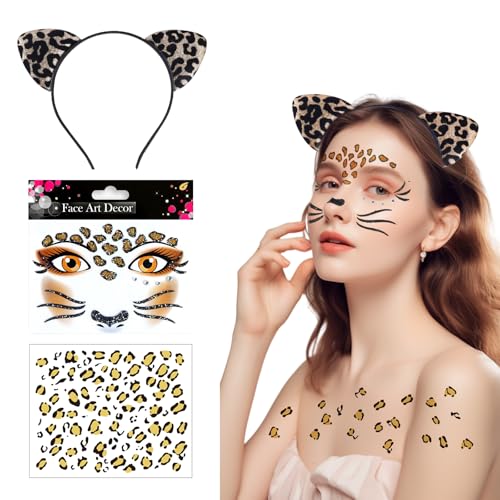 PEGRAUFC Leoparden Kostüm Damen Kinder,Haarreif Leopard Ohren Dress Kostüm,Leopard Gesicht Kunst Aufkleber,Leopard Gesicht Kunst Aufkleber für Halloween Fasching Karneval Masquerade von PEGRAUFC