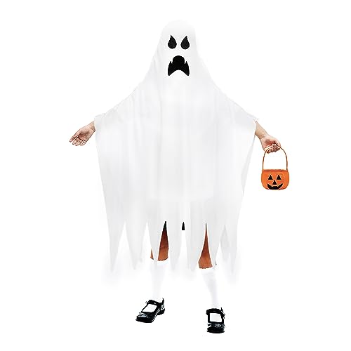 PEIFOON Geisterumhang Halloween Kinder Kostüm Weiß Ghost Umhang,Kinder und Erwachsenen Umhang mit Geistergesicht für Halloween Karneval Cosplay mit Orangefarbene Kürbishandtasche von PEIFOON