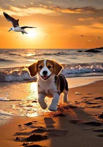 1000 Stück Puzzle Für Erwachsene Beagle-Hund Süßer Welpe Tierpuzzle Sommersonnenaufgang Über Dem Strand Holzpuzzle Freizeitspiel Anspruchsvolles Holzspielzeug von PEKNUX