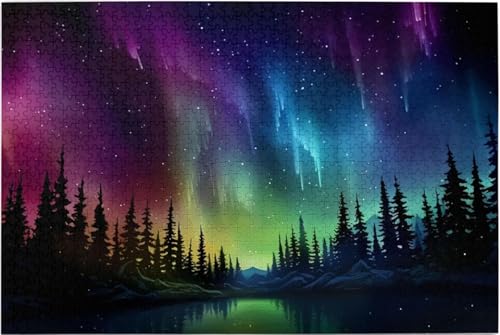 1000 Stück Puzzle Für Erwachsene Puzzle Aurora Nordlichter Über Island Waldformation Aus Holz Zum Erkunden Und Genießen Von Geschenken von PEKNUX