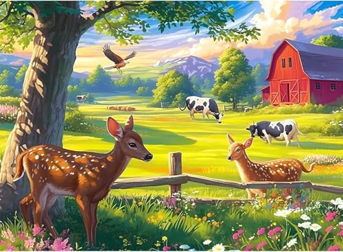 1000 Stück Puzzle Für Erwachsene Und Ältere Menschen Puzzle Mit Hirsch Und Kuh Bauernhof-Puzzle Geschenk Für Mama Papa Familie Freund Familienaktivitätsspiele Heimdekoration Wandkunst von PEKNUX