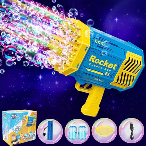 Seifenblasenpistole Bazooka Bubble Gun, 69 Löcher Seifenblasen Luftblasen Maschine Seifenblasenmaschine Pistole Kinder, Elektrische Bubble Machine Gun Mit Lichtern, Bubbleblower für Hochzeit (Blau) von PEKOIU