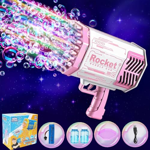 Seifenblasenpistole Bazooka Bubble Gun, 69 Löcher Seifenblasen Luftblasen Maschine Seifenblasenmaschine Pistole Kinder, Elektrische Bubble Machine Gun Mit Lichtern, Bubbleblower für Hochzeit (Rosa) von PEKOIU