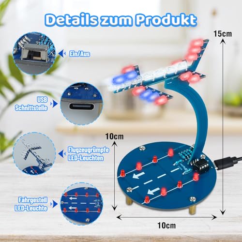 PEMENOL DIY stereoskopisches Flugzeug löten bausatz mit Start und Landebahn förmiger Basis, USB Anschluss, Schreibtischdeko Löten Lernen Set Flugzeug Dekomodell Elektronik Bausatz Neujahrsgeschenk von PEMENOL