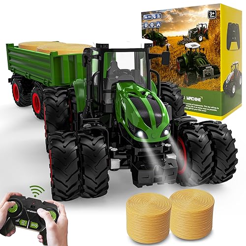 Ferngesteuerter Traktor Ferngesteuert, Traktor Spielzeug ab 2 3 4 5 6 Jahre, Rc Traktor mit Anhänger, Ackerschlepper mit Licht,Weihnachten Geschenk für Kinder von PENGBU RC