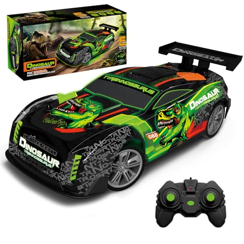 Ferngesteuertes Auto ab 3 Jahre, Ferngesteuerter Dinosaurier mit Licht und Musik, 15KM/H 1/16 RC Drift Car mit 2Akku 1 Stunde Spielzeit, 2.4GHz Fernsteuerung Auto Dinosaurier Spielzeug ab 3 4 5 6Jahre von PENGBU RC