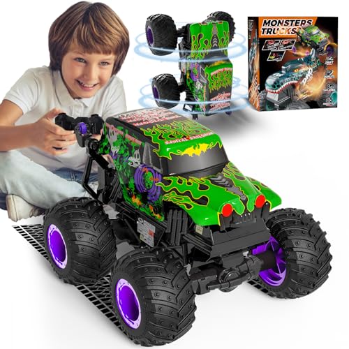 PENGBU RC Monstertruck Ferngesteuert, 20 km/h mit 360° Drehung, LED-Licht und Musik, für Kinder ab 3 Jahren, Grüne Flamme, 16 x 18 x 12 cm, LKW, Spielzeugauto, Kinder (3-8 Jahre), Jungen von PENGBU RC