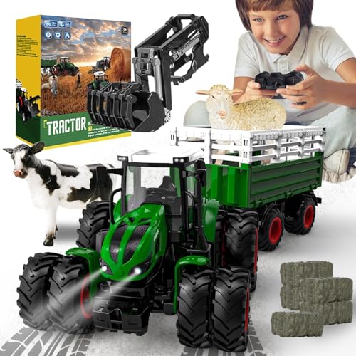 PENGBU RC Traktor Spielzeug ab 3 4 6 8 Jahre, 2.4 GHz Ferngesteuerter Traktor Ferngesteuert, Trecker Ferngesteuert Spielzeug ab 3 4 5 6 Jahre, Farm Traktor mit Fernbedienung,Kuh,Schaf und Heuballen von PENGBU RC