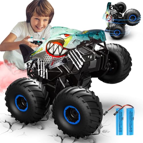 Ferngesteuertes Auto, 1/16 Monstertruck mit Stomp und 360°Drehung, Hai Monstertruck Ferngesteuert mit Spray, Lichtern, Musik, 15KM/H RC Monstertruck mit 40MIN Spielzeit, Geschenk 3 6 8 10 Jahre Junge von PENGBU RC