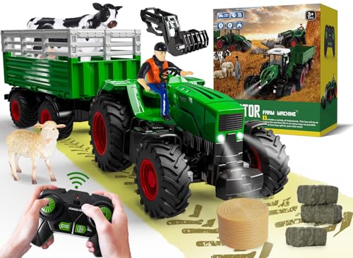 PENGBU RC Ferngesteuerter Traktor mit Anhänger, 2.4 GHz Traktor Ferngesteuert Spielzeug, Kindertraktor Trecker Ferngesteuert mit Frontlader, Anhänger, Kuh, Schaf und Heuballen ab 3 4 5 6 8 Jahre von PENGBU RC