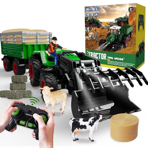 PENGBU RC Ferngesteuerter Traktor mit Anhänger, 2.4 GHz Traktor Ferngesteuert Spielzeug, Kindertraktor Trecker Ferngesteuert mit Frontlader, Anhänger, Kuh, Schaf und Heuballen ab 3 4 5 6 8 Jahre von PENGBU RC