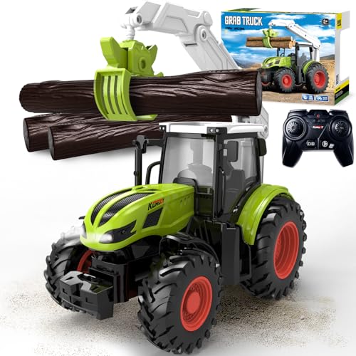 Traktor Spielzeug, Ferngesteuerter Traktor Ferngesteuert ab 3 4 5 6 Jahre, Trecker Spielzeug Kinder Grün mit Licht, Holzgreifer und 3 Baumstämme, RC Traktor Geschenke ab 3 4 5 6+ Jahre Jungen Mädchen von PENGBU RC