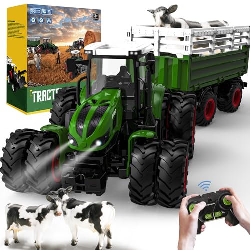 Ferngesteuerter Traktor Ferngesteuert, Ferngesteuertes Auto ab 3 4 5 Jahre, Traktor Spielzeug ab 3 Jahre, Rc Traktor mit Fernbedienung, Anhänger, Licht und Kuh, Weihnachten Geschenk für Kinder von PENGBU RC