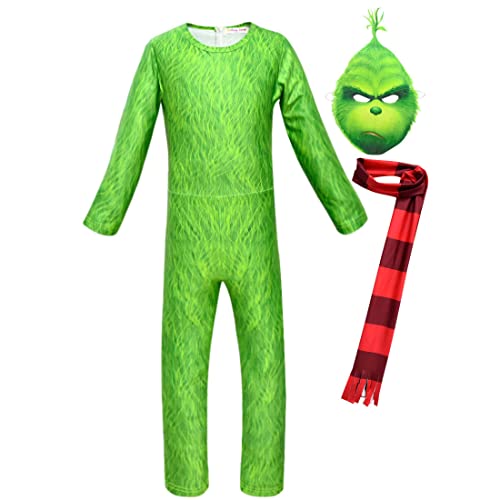 PENGSHAO A,120CM,Grünes Kind Maske Grinch Kostüm Handschuhe Overall Cosplay Weihnachten Festliches Kostüm Kostüm Outfit Grünes Monster Grinch Kostüm für Mädchen Jungen von PENGSHAO