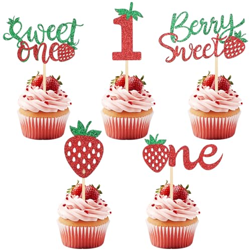 24 Stück Cake Topper 1. Geburtstag,Strawberry Cupcake Picks,One Cupcake Topper 1 Jahr Geburtstag 1. Jahrestag Party Cake Decor,Sweet One Cupcake Toppers für Babyparty 1. Geburtstag Cupcake Deko von PEOVLVN