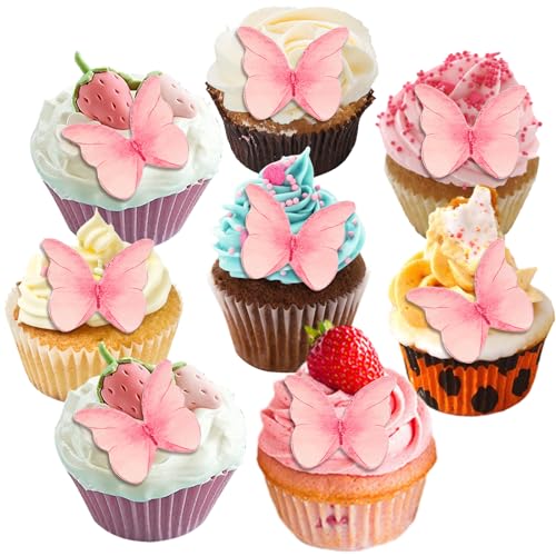 Tortendeko Schmetterling 48 Stück Essbare Schmetterlinge Cupcake Topper,Essbare Tortendeko,Schmetterlinge Torten Deko für Hochzeit,Geburtstag,Blumen-Mottoparty,Dekoration,Prinzessinnenspiele-Pink von PEOVLVN