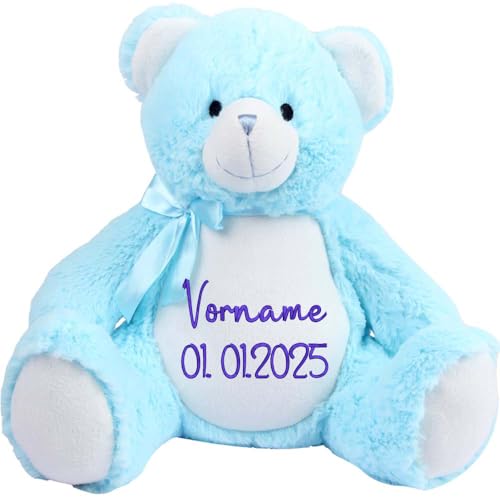 PERSOGO Stofftier mit Namen - personalisiertes Plüschtier mit deinem Text - Stofftier mit Füllung - Plüschtiere für Kinder zum Personalisieren - Custom Teddy mit individueller Stickerei (Teddy Blue) von PERSOGO