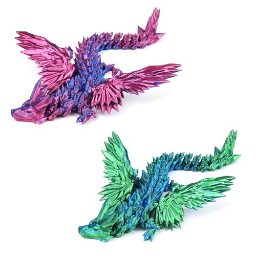 PETBSNVB 2 Stück 22,9 cm 3D-gedruckter Drache mit Flügeln, beweglicher Drache, Kristalldrache, Drache, Fidget-Spielzeug, Heimbüro-Dekoration, Cheftik-Spielzeug (lila + blau) von PETBSNVB