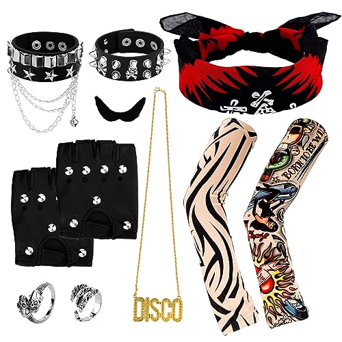 11PCS 90er Punk Kostüm Set, Gotisch Heavy Metal Accessoires Disco Halskette Punk-Ringe & -Armbänder Punk-Lederhandschuhe Fake Tattoos Ärmel Totenkopf Bandana Halloween Schmuck für Damen Herren von PEUTIER