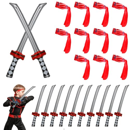 12Stk Aufblasbare Samurai Schwerter und 12Stk Ninja Stirnbänder, Aufblasbares Ninja Schwert Spielzeugset Katana Schwert Spielzeug Cosplay Zubehör für Jungen Mädchen Geburtstag Ninja-Mottoparty von PEUTIER