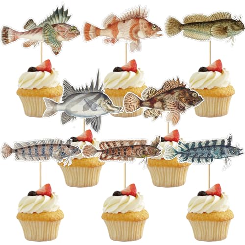 24 Stück Cupcake Topper Fisch, Lustige Geburtstagsparty-Dekorationen mit Pick & Glue Point Angel-Dessert-Cupcake-Topper Partyzubehör zum Thema Fisch für Kinder Teenager (Stil 2) von PEUTIER