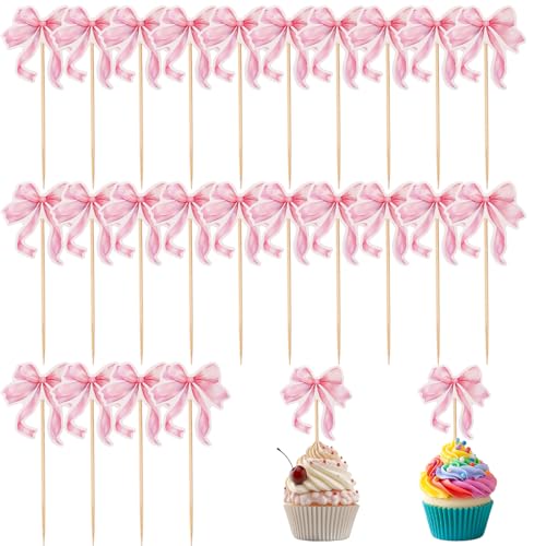 24 Stück Cupcake Topper mit Rosa Schleife, Cupcake Topper aus Papier mit Schleife Süße Dessert Kuchen Topper für Mädchen Geburtstagsparty Hochzeitsfeier Dekorationen von PEUTIER