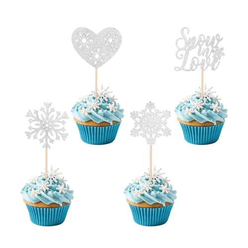 24stk Cupcake-Topper mit Schneeflocken, 4 Stile Weiß Frozen Kuchen Deko Glitzer Frozen-Cupcake-Picker für Winterthemen Babyparty Hochzeit Geburtstagsfeier Kuchendekoration von PEUTIER