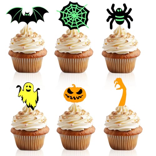 24stk Happy Halloween Cupcake-Topper, Spinne Kürbis Fledermaus Spinnennetz Geist Kuchentopper Halloween-Dekorationen für Geburtstagsparty Halloween Babyparty Kuchenzubehör von PEUTIER