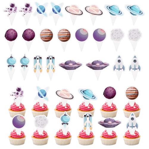 36St Cupcake Topper mit Weltraumthema, Weltraum Cupcake Deko Cupcake Topper Planeten Rakete Erde Astronauten Cupcake Picker für Mädchen Jungen Partyzubehör für Geburtstage von PEUTIER