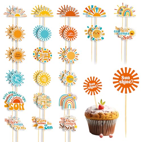 46 Stück "Here Comes The Sun"Cupcake Topper, 23 Muster mit Sonnen Cupcake Toppern "Here Comes The Son"Cupcake Topper für Geburtstagspartys mit Sonnenthema Babyparty Dekoration von PEUTIER