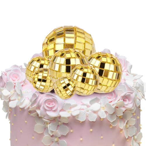 7St Discokugel Kuchen Topper, Cupcake Topper Disco 4 Größen Disco Spiegelkugel für Kuchen Disco Motto Partydekorationen für 70er Jahre Motto Partygeschenke (Golden) von PEUTIER