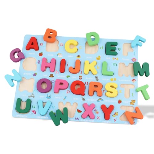 Buchstaben Puzzle Holz Kleinbuchstaben Pädagogisches Kleinkind-Buchstaben-Rätselbrett Holz Alphabet Puzzle ABC Vorschul-Lernspielzeug für Mädchen Jungen Kindergarten-Lerngeschenk von PEUTIER