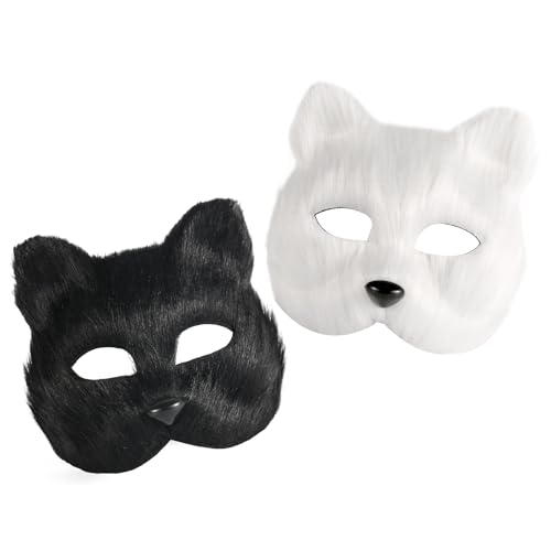 PEUTIER 2 Stück Fuchsmaske, Fuchspelzmaske Halloween-Maske pelzige Gesichtsmaske Katzenmaske Cosplay-Maske Tanzparty-Maske Anziehmasken für Kostüm-Maskerade (Schwarz, Weiß) von PEUTIER