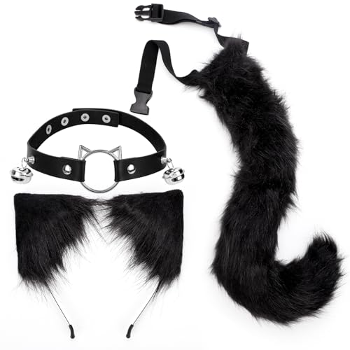 PEUTIER 3 Teiliges Katzenkostüm Set, Katzen Cosplay Kostüme mit Katzenohren-Stirnband Katzenschwanz Katzenhalsband für Frauen und Mädchen Halloween Party Dekoration von PEUTIER