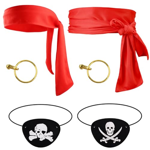 PEUTIER 6stk Piraten Accessoires, Piraten-Cosplay-Set Inklusive Kopftuch Gürtel Augenklappe und Ohrringen Piraten-Cosplay-Set Piraten Party Zubehör Piraten-Partyzubehör für Kinder und Erwachsene von PEUTIER