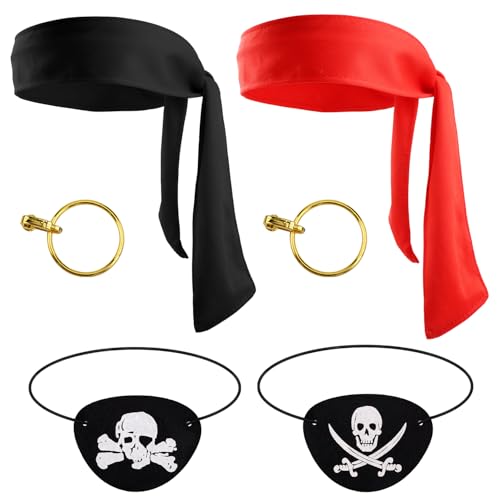 PEUTIER 6stk Piraten Party Zubehör, Piraten Accessoires mit 2stk Augenklappen 2stk Kopftüchern und 2stk Ohrringen Piraten-Cosplay-Set für Piratenparty-Zubehör (Rot-Schwarzes Kopftuch) von PEUTIER