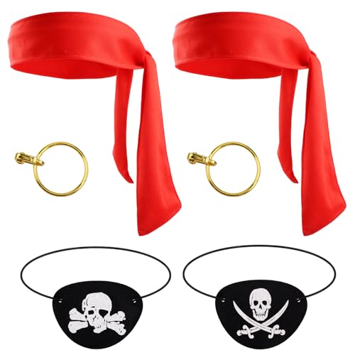 PEUTIER 6stk Piraten Party Zubehör, Piraten Accessoires mit 2stk Augenklappen 2stk Kopftüchern und 2stk Ohrringen Piraten-Cosplay-Set für Piratenparty-Zubehör (Rotes und Rotes Kopftuch) von PEUTIER