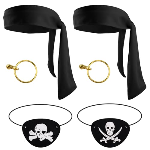 PEUTIER 6stk Piraten Party Zubehör, Piraten Accessoires mit 2stk Augenklappen 2stk Kopftüchern und 2stk Ohrringen Piraten-Cosplay-Set für Piratenparty-Zubehör (Schwarzes Schwarzes Kopftuch) von PEUTIER