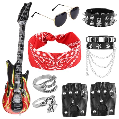 PEUTIER 9stk Teiliges Rockstar-Kostüm für Kinder, 80er-Jahre-Outfit für Kinder Rocker-Kostüm für Männer Rockstar-Outfit Punk-Accessoires Rockstar-Kostüm-Accessoires für Jungen Kinder und Männer von PEUTIER