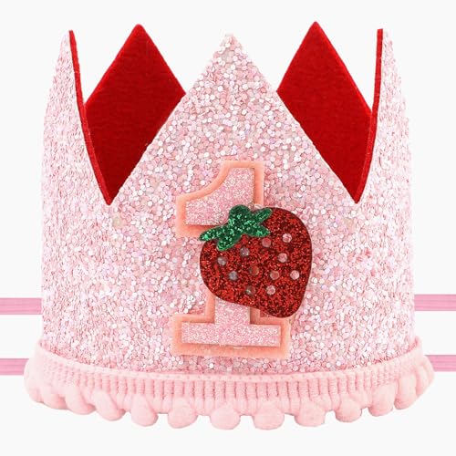 PEUTIER Beeren-Mütze für Den Ersten Geburtstag, Süße Rosa Erdbeer-Mütze für Den 1. Geburtstag Geburtstagskrone Mädchen Erdbeer-Geburtstags-Kopfbedeckung für Babyparty Party-Dekoration Foto-Requisiten von PEUTIER