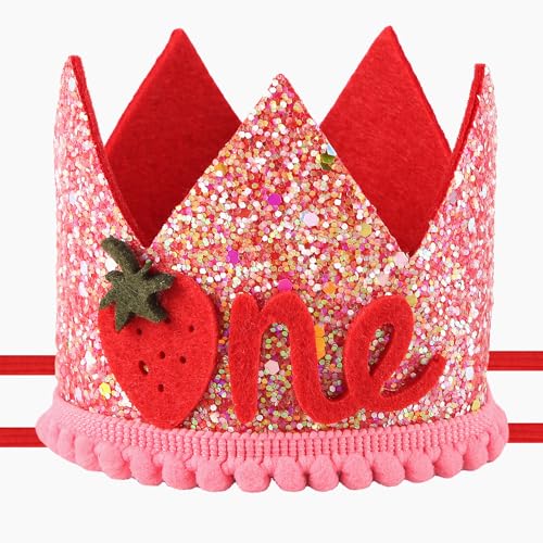 PEUTIER Erdbeer-Mütze zum 1. Geburtstag für Mädchen, Rosa Pailletten Beeren-Dekoration zum Ersten Geburtstag Süß Krone zum 1. Geburtstag Stirnband für Babyparty Party-Dekoration Foto-Requisiten von PEUTIER