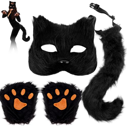 PEUTIER Fuchs Cosplay Kostüm Set, mit Fuchsmaske Fuchsschwanz Fuchs Fuchshandschuhe Pelzkostüm Fuchs Cosplay Set für Frauen und Mädchen Halloween Kostüm (Schwarz) von PEUTIER