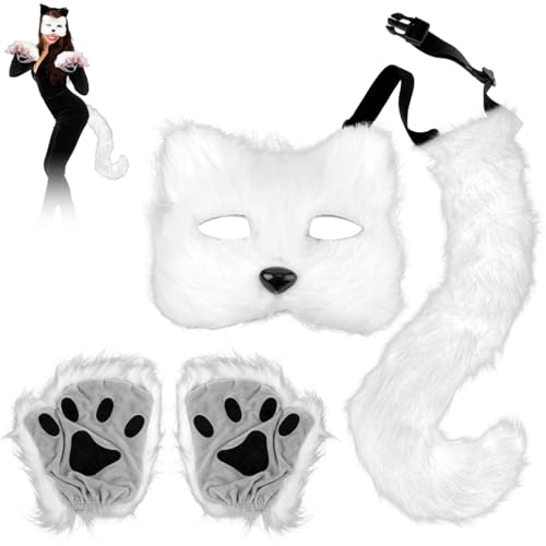 PEUTIER Fuchs Cosplay Kostüm Set, mit Fuchsmaske Fuchsschwanz Fuchs Fuchshandschuhe Pelzkostüm Fuchs Cosplay Set für Frauen und Mädchen Halloween Kostüm (Weiß) von PEUTIER