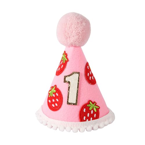 PEUTIER Geburtstagshut Baby 1 Jahr, 13x8cm rosafarbener Hut für die Erste Geburtstagsfeier geburtstagsparty hut Party-Dekorationszubehör für den Ersten Geburtstag mit Erdbeer-Motiv für Babys von PEUTIER