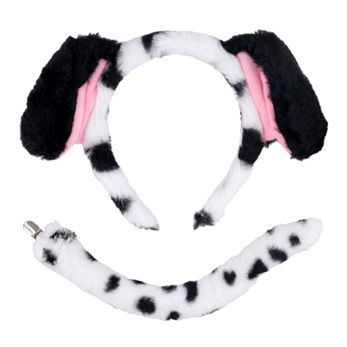 Hundekostüm Zubehör Set, Plüsch Hundeohren Kostüm und Schwanz Stirnband Hundeohren Tierkostüm Kinder Erwachsene Halloween Cosplay Kostüm Dekoration Zubehör (Schwarz, Rosa) von PEUTIER