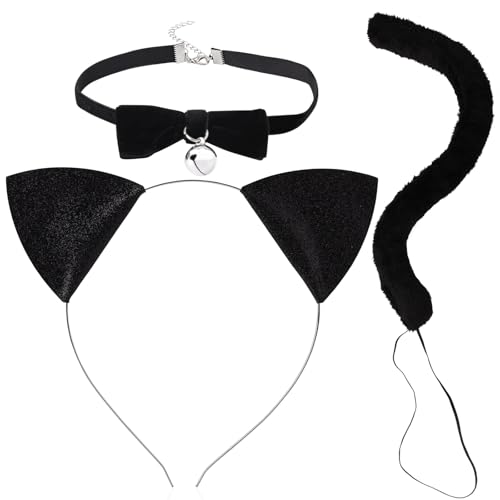 PEUTIER Katzenkostüm Set, Plüsch Katzenohren und Schwanz mit Glöckchenhalsband Set Stirnband Katzenohren Halloween Kostüm Katzenkostüm Zubehör für Damen Mädchen von PEUTIER