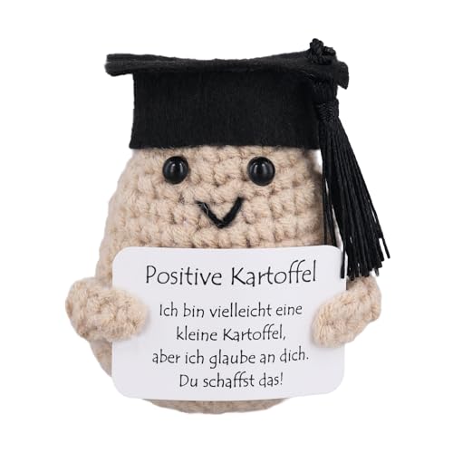 PEUTIER Lustige Gestrickte Positive Kartoffel mit Abschlusskappe, 8,5cm Strickspielzeug mit Deutscher Karte Kreative Inspirierende Häkelpuppe Geschenk für Kinderfreunde Geburtstagsfeier Abschluss von PEUTIER