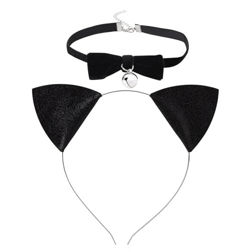 PEUTIER Stirnband Katzenohren und Glöckchenhalsband Set, Hübsch Katzenkostüm Zubehör für Frauen und Mädchen Katzenohren Kostüm Halloween Kostüm Cosplay von PEUTIER